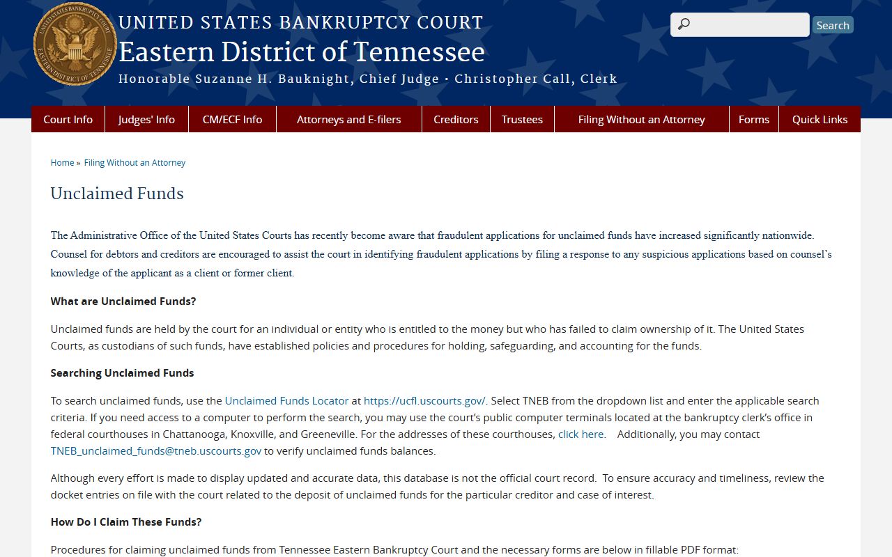 Tennessee unclaimed money Eastern District bankruptcy court page