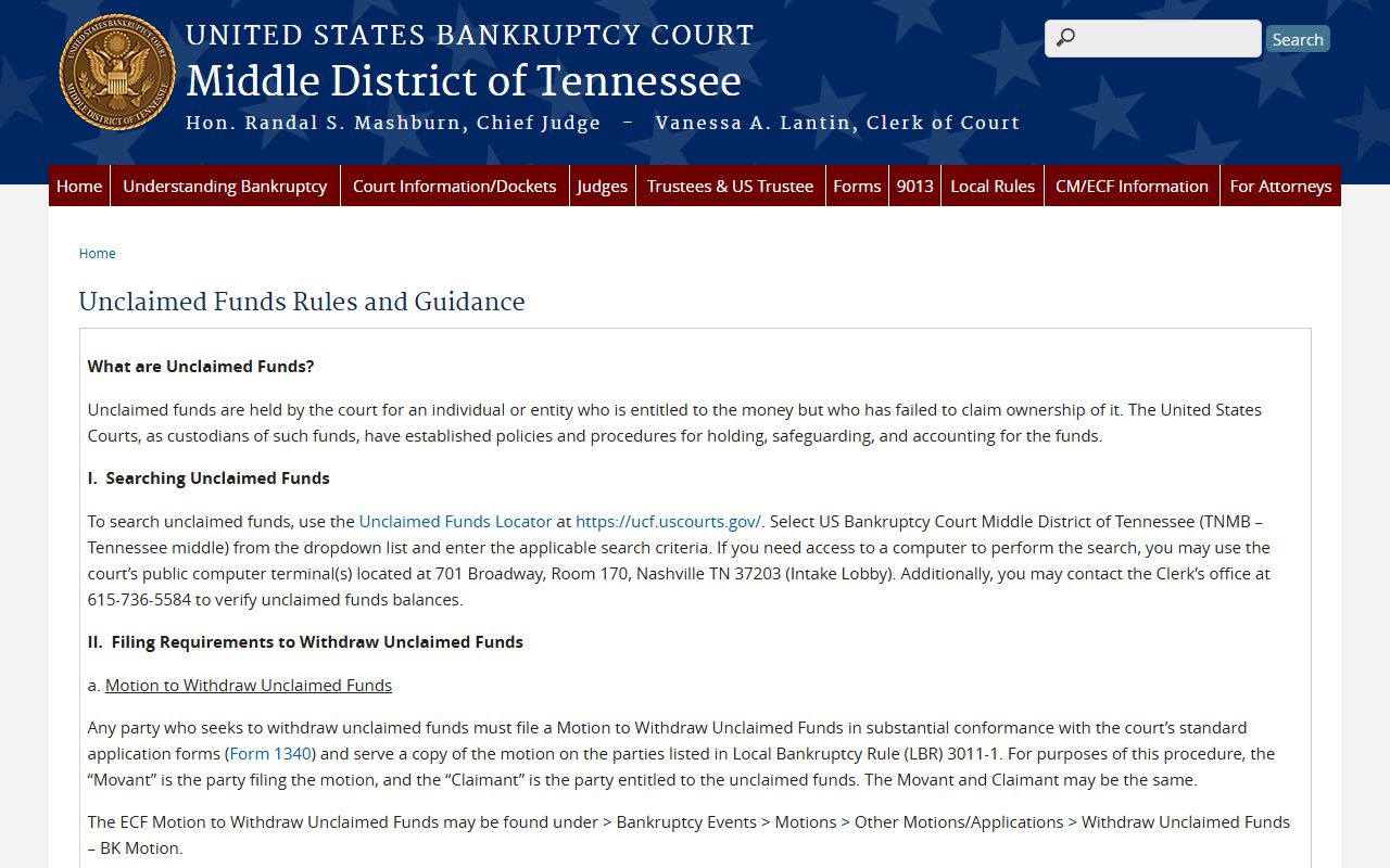 Tennessee unclaimed money Middle District bankruptcy court page