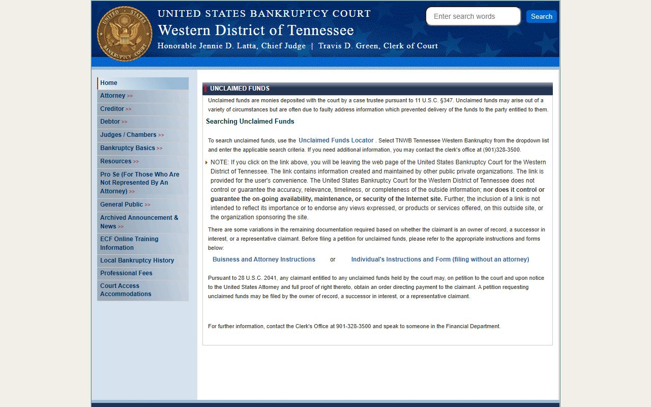 Tennessee unclaimed money Western District bankruptcy court page