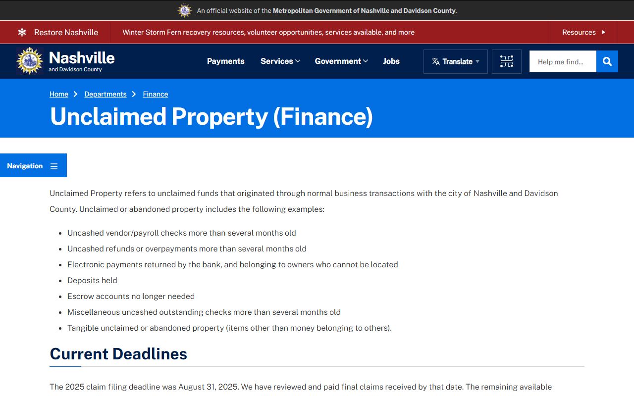 Tennessee unclaimed money Nashville Metro unclaimed property page