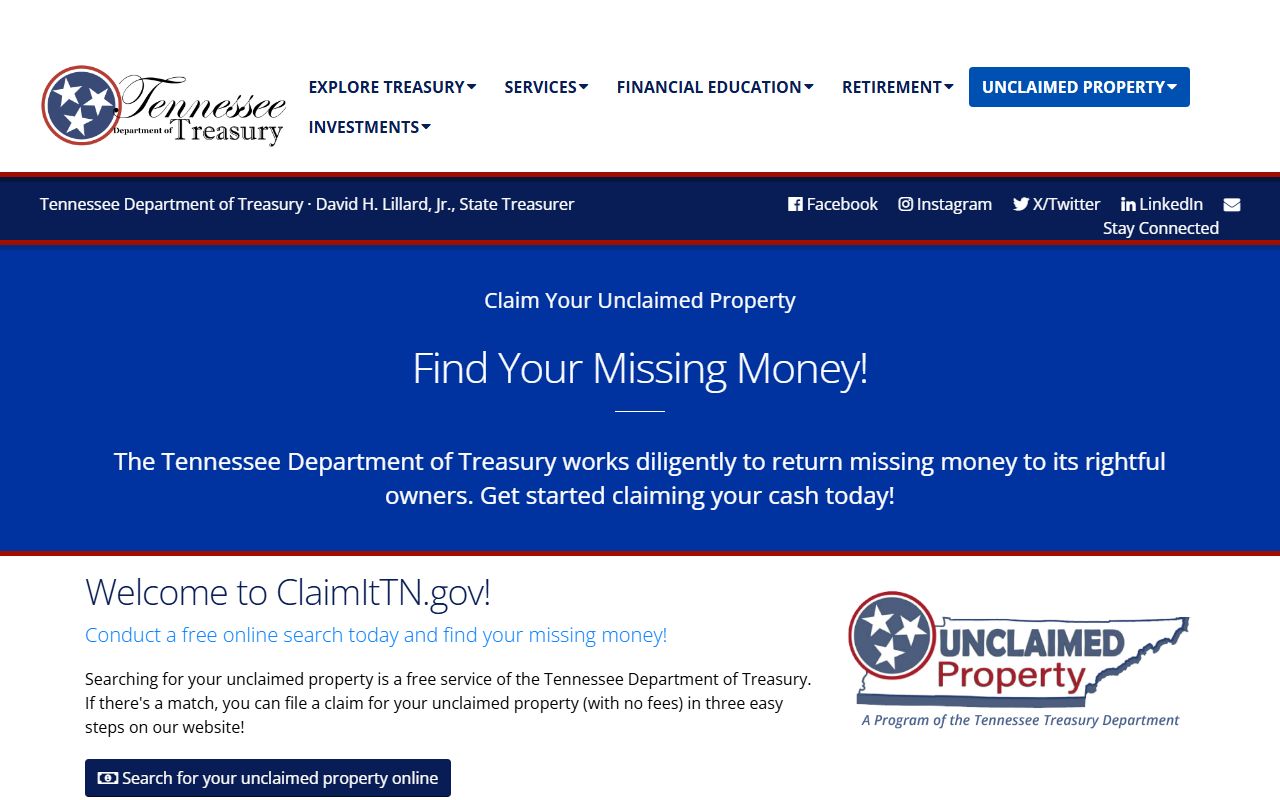 Tennessee Treasury unclaimed money division page